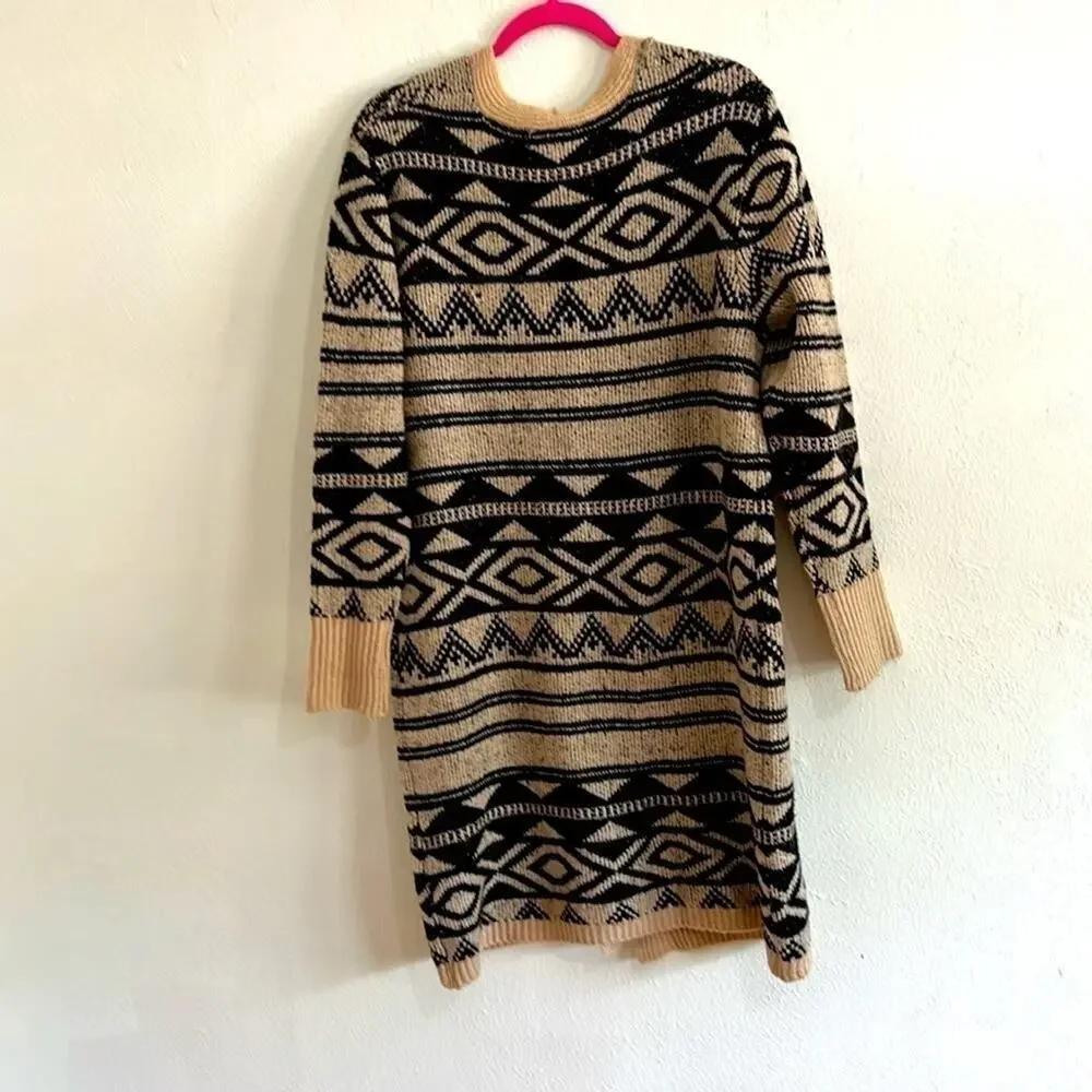 No Boundaries Black and Tan Geometric Y2K Aztec Print Long Open Front Cardigan L